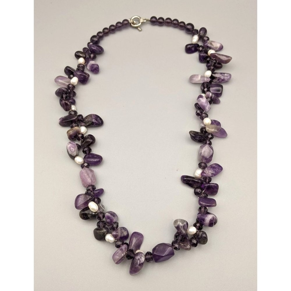 Amethyst Nugget, Freshwater Pearl, and Crystal Beaded Necklace 24"